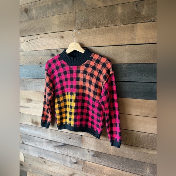 Vintage 80s Buffalo Check Sweater Pink Orange Black Cropped Knit Top - Picture 9 of 11
